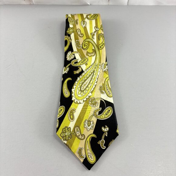 Milano Moda Black / Yellow Paisley Men's Extra Long Tie 4" x 64" - Picture 1 of 3